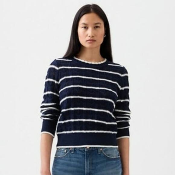 Gap Pointelle Knit Blue Striped Eyelet Cotton Sweater Medium Preppy Nautical - Picture 1 of 11